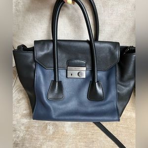Prada Twin Pocket Lock Flap Tote Glacé Calf Medium Blue/Black